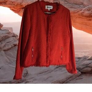 BB Dakota Medium red zip front Polyester tweed jacket.  Fall, Winter, travel.